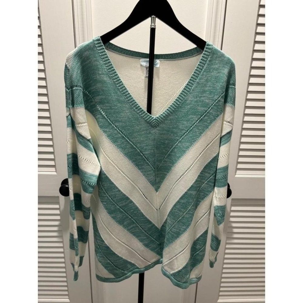 Creation L Chevron V Neck Sweater Teal White Lightweight Knit Size 12